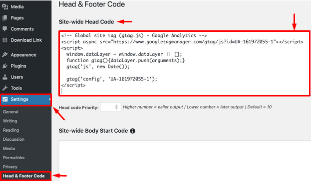 AddFunc Head & Footer WP plugin - Insert GA code
